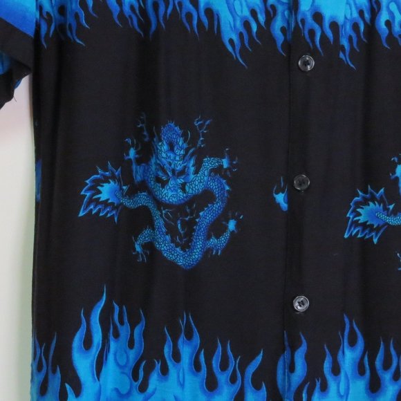 Vintage Shirt Men's Large Black Blue Flames Button Up Short Sleeve Dragon AOP - Picture 2 of 7